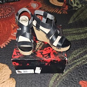 Fergalicious Black and Tan Wedge Sandals